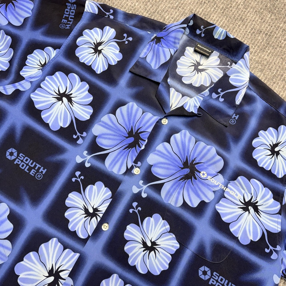 Southpole Hawaiian Shirt Mens XL Blue Hibiscus Floral Short Sleeve Button Up